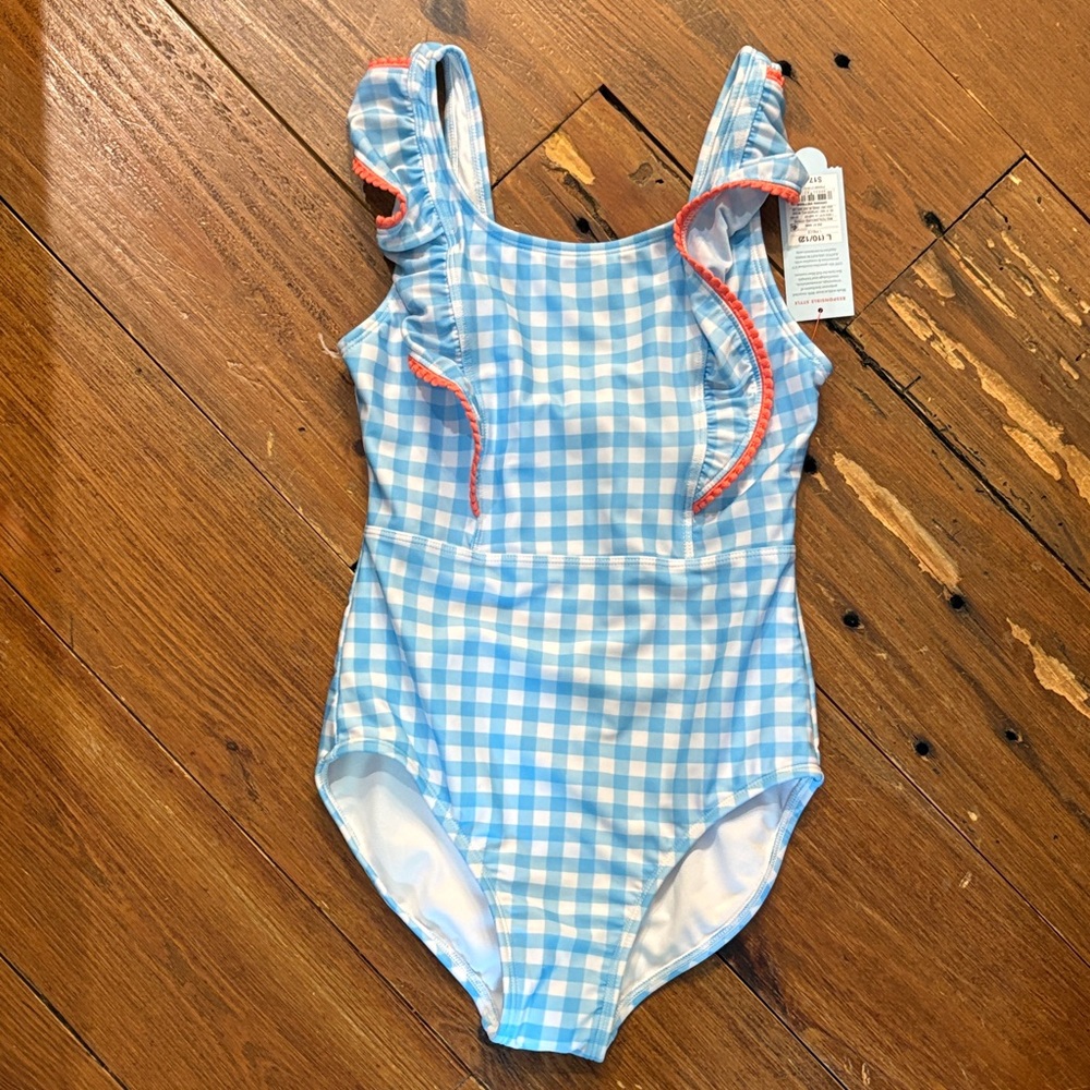 Cat & Jack Light Blue Gingham Ruffle One-Piece Swimsuit with Coral Trim